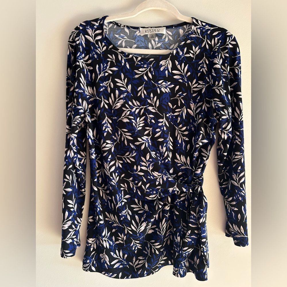 Kasper Navy and White Leaf Print Long Sleeve Blouse with Side Tie, Size Medium